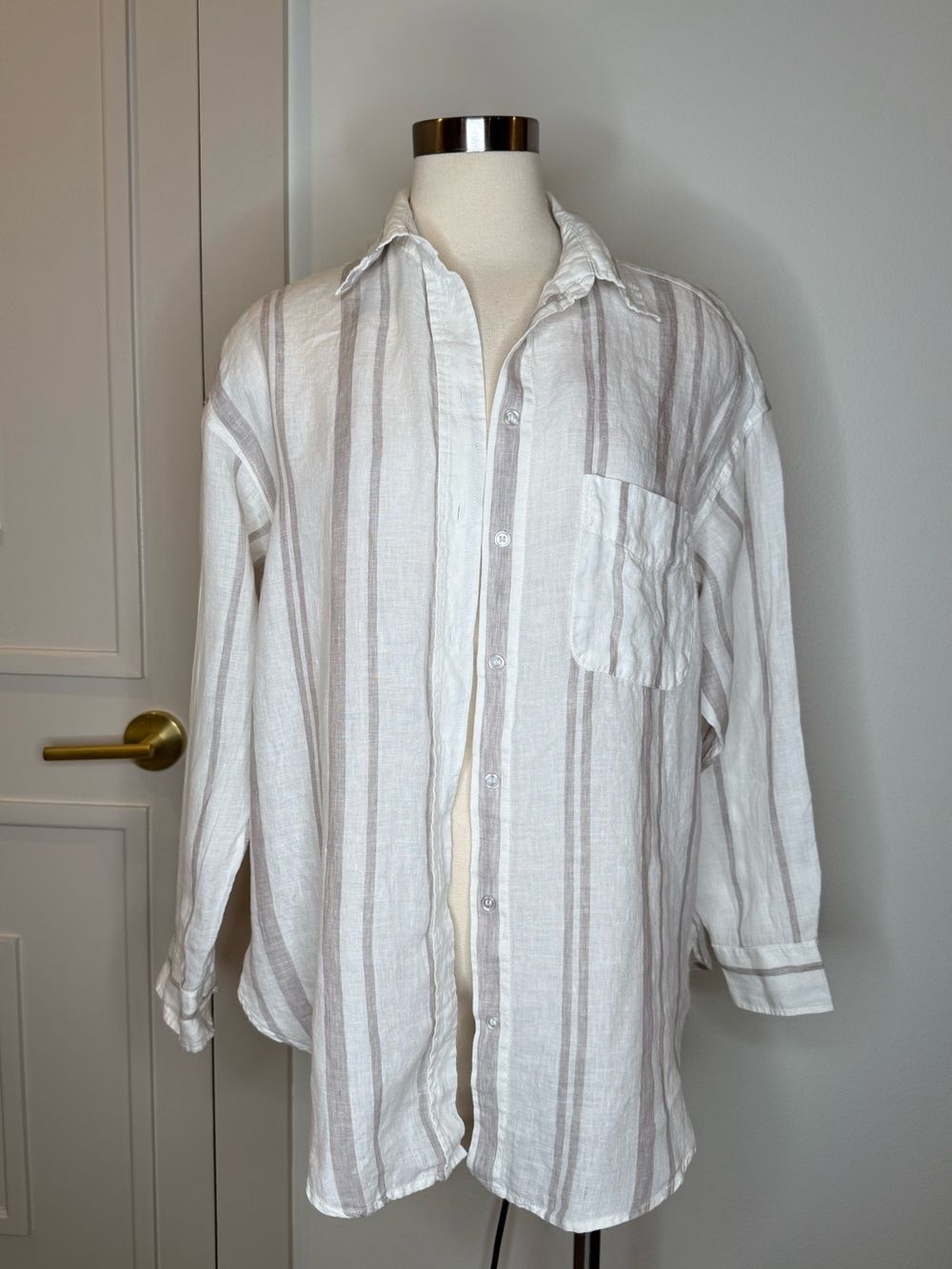 Linen over sized Lightweight White & Taupe Striped Button-Up Shirt